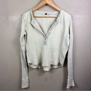 Free People Cream Waffle Henley Long Sleeve Top